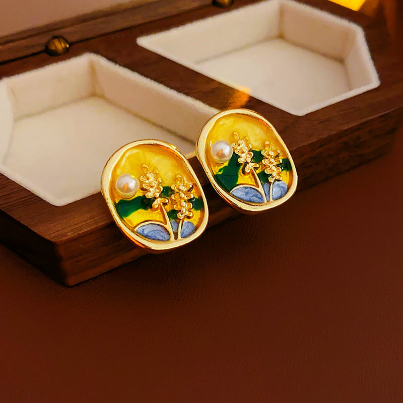 Vintage Floral and Geometric Enamel Earrings for Women with Gold-Plated Brass Base and Stainless Steel Posts