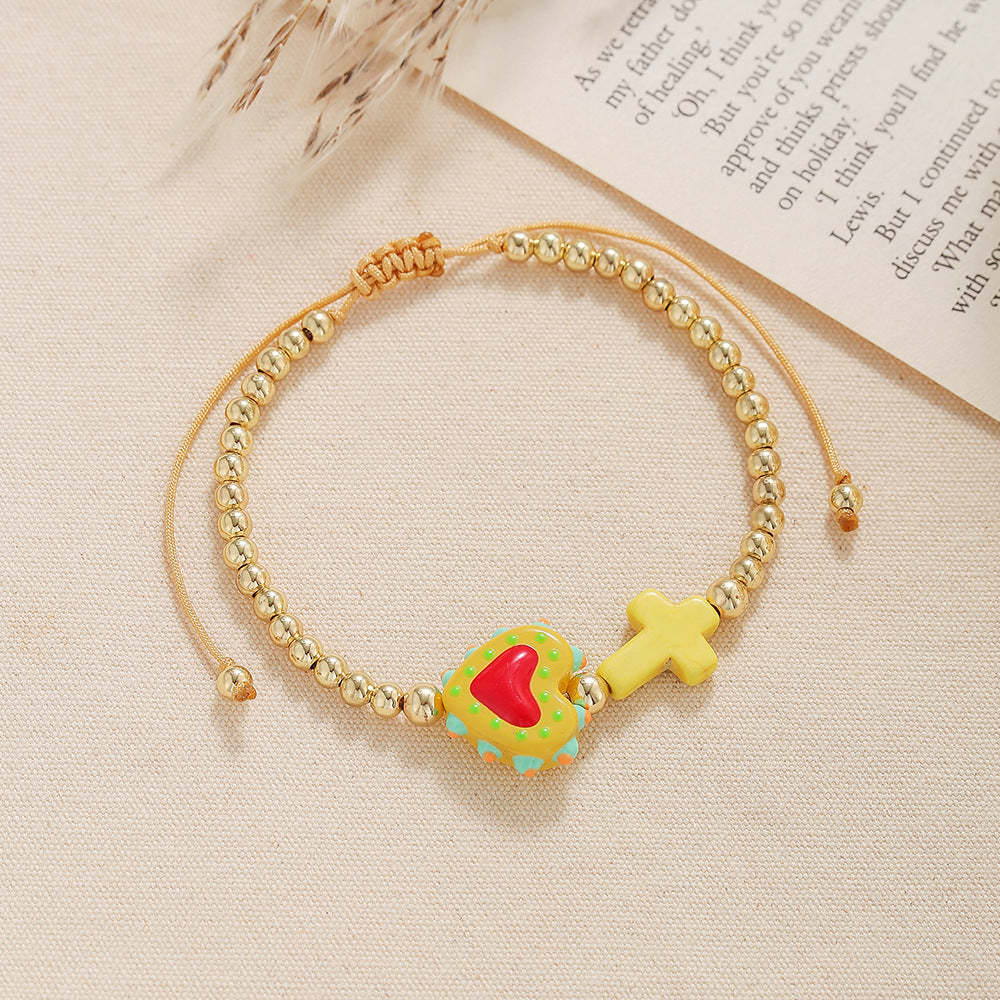 Casual Elegant Handmade Geometric Cross Heart Turquoise Bracelet with Gold Bead Accents