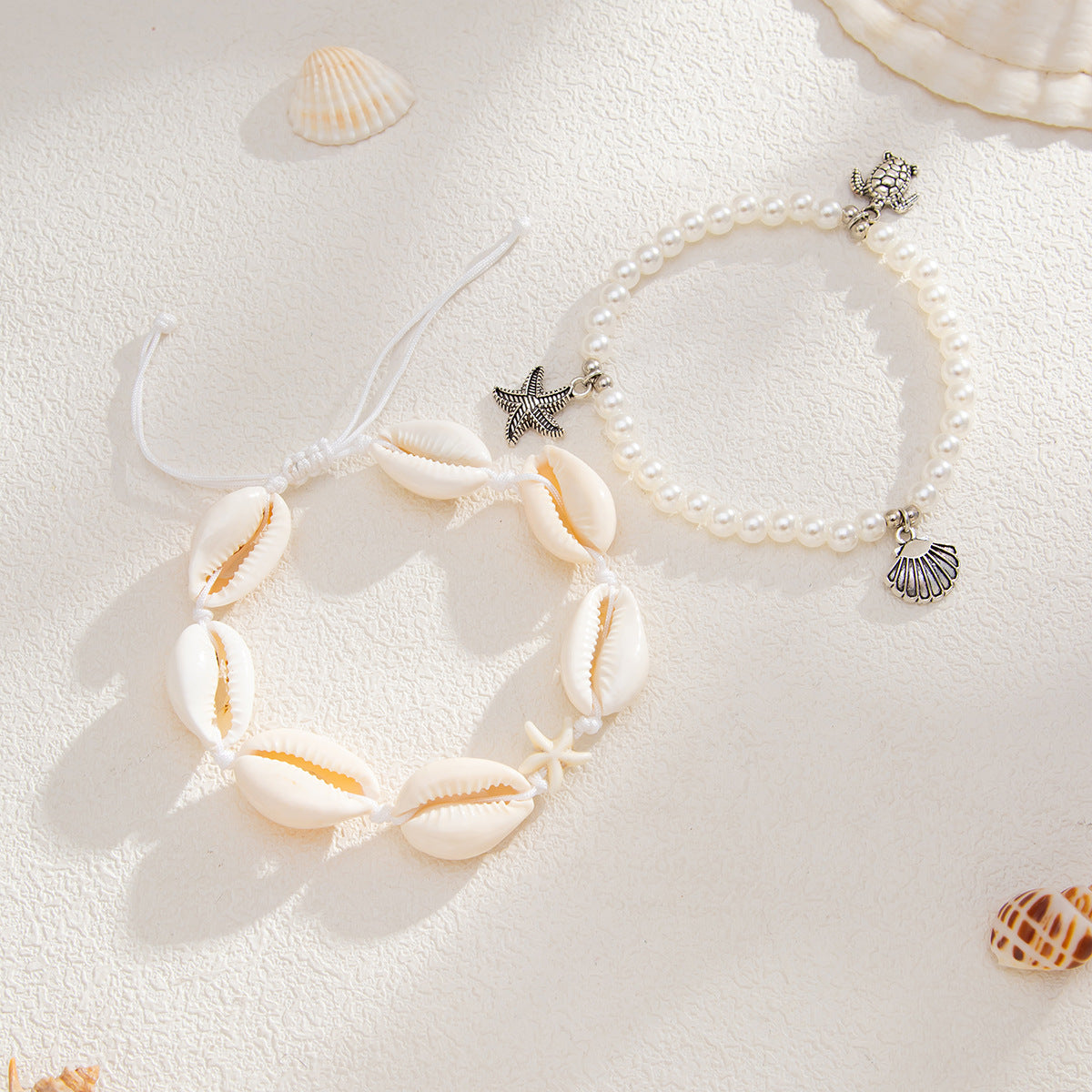 Minimalist Alloy Starfish Shell Pearl Anklet Set for Women