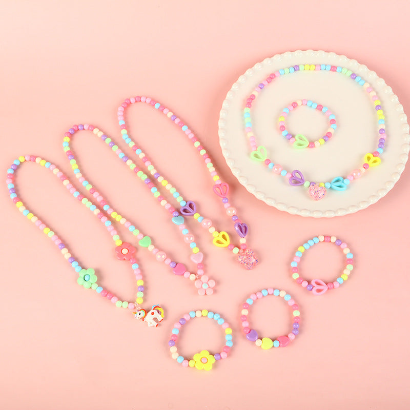 Cartoon Unicorn Pendant Necklace Set with Colorful Dopamine Beads for Kids, Resin Animal Charm on Round Bead Chain, Princess Style Children's Jewelry