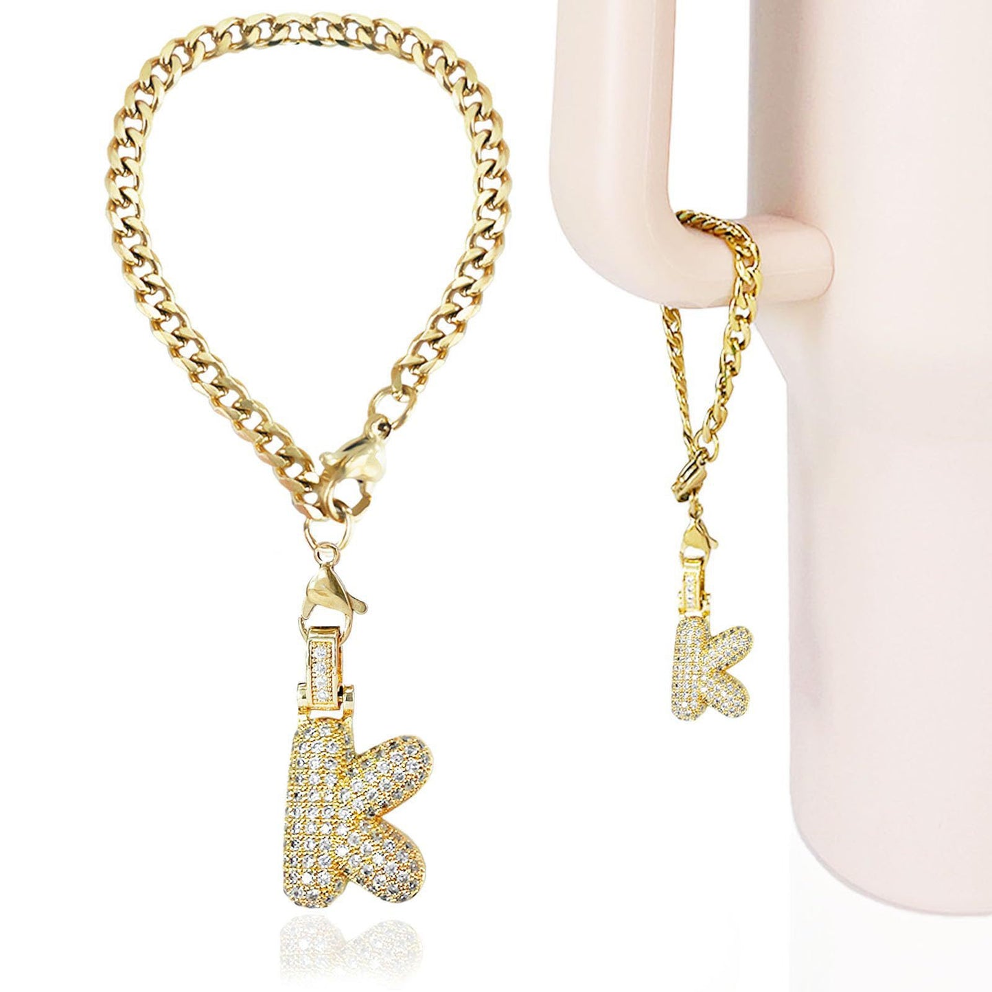 Cubic Zirconia Inlaid Brass Letter Charm Bar with Plated Finish
