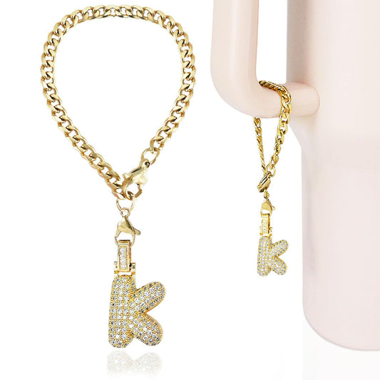 Cubic Zirconia Inlaid Brass Letter Charm Bar with Plated Finish