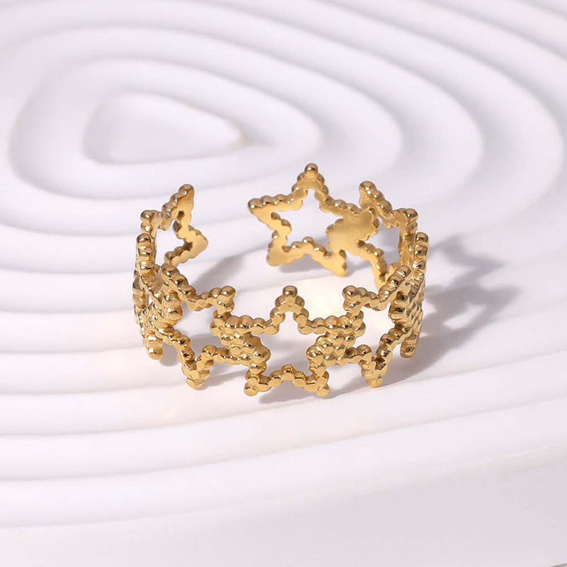 Anello da donna in acciaio al titanio a forma di stella minimalista con placcatura in oro 18 carati, fascia aperta regolabile
