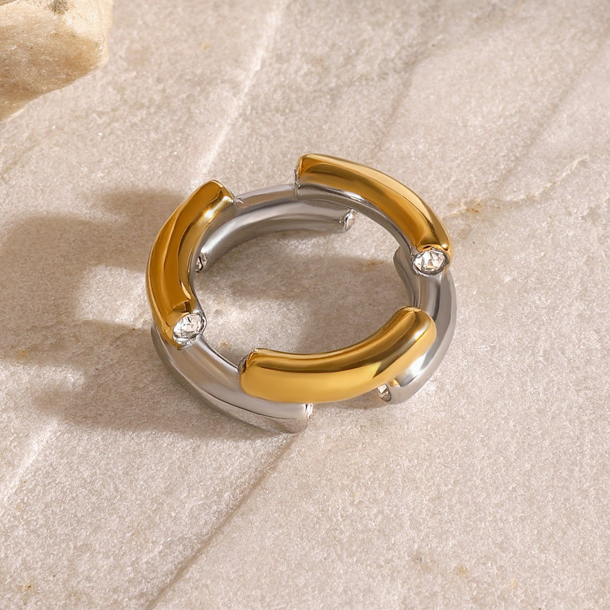 Geometric Stainless Steel Zirconia Ring with Plated Finish for Women