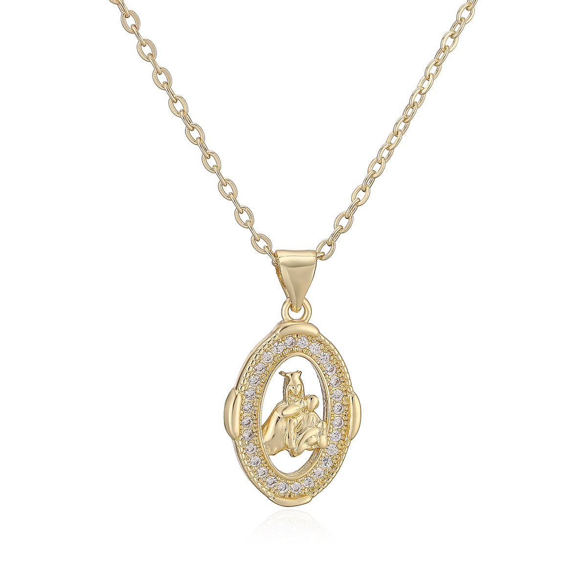 Vintage Minimalist Geometric Brass 18K Gold Plated Cubic Zirconia Virgin Mary Pendant Necklace