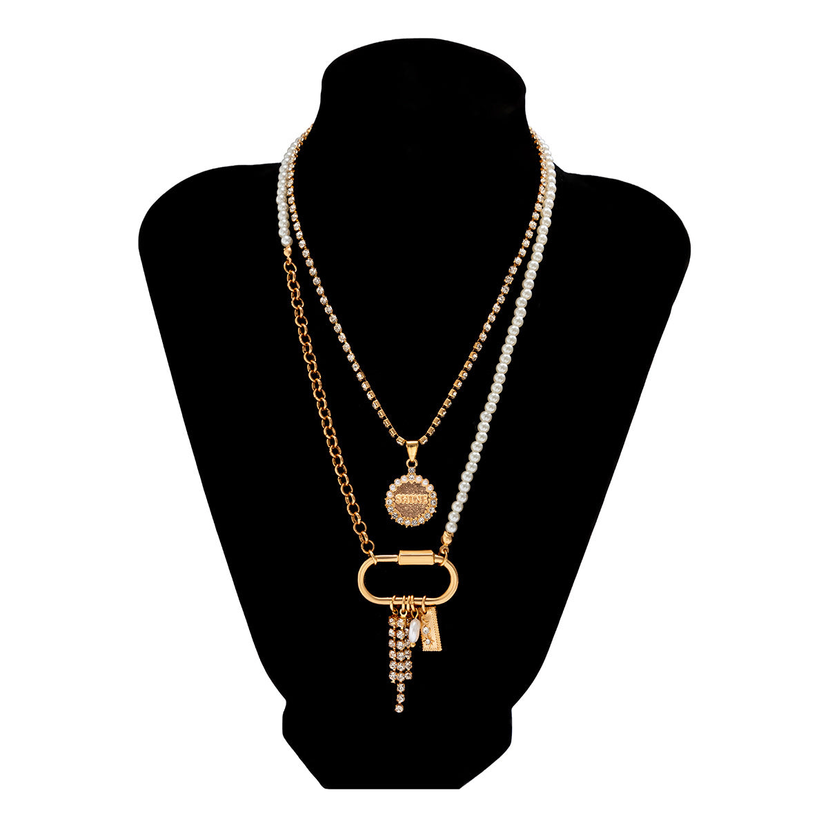 Minimalist Elegant Geometric Double Ring Faux Pearl Plated Alloy Ball Chain Necklace for Women