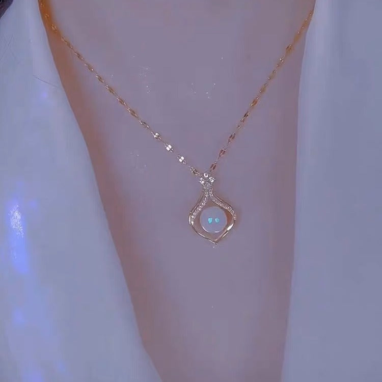 Elegant Minimalist Geometric Pendant Necklace for Women Titanium Steel Clavicle Chain with Hollow Pearl Accent and Rhinestone Inlay