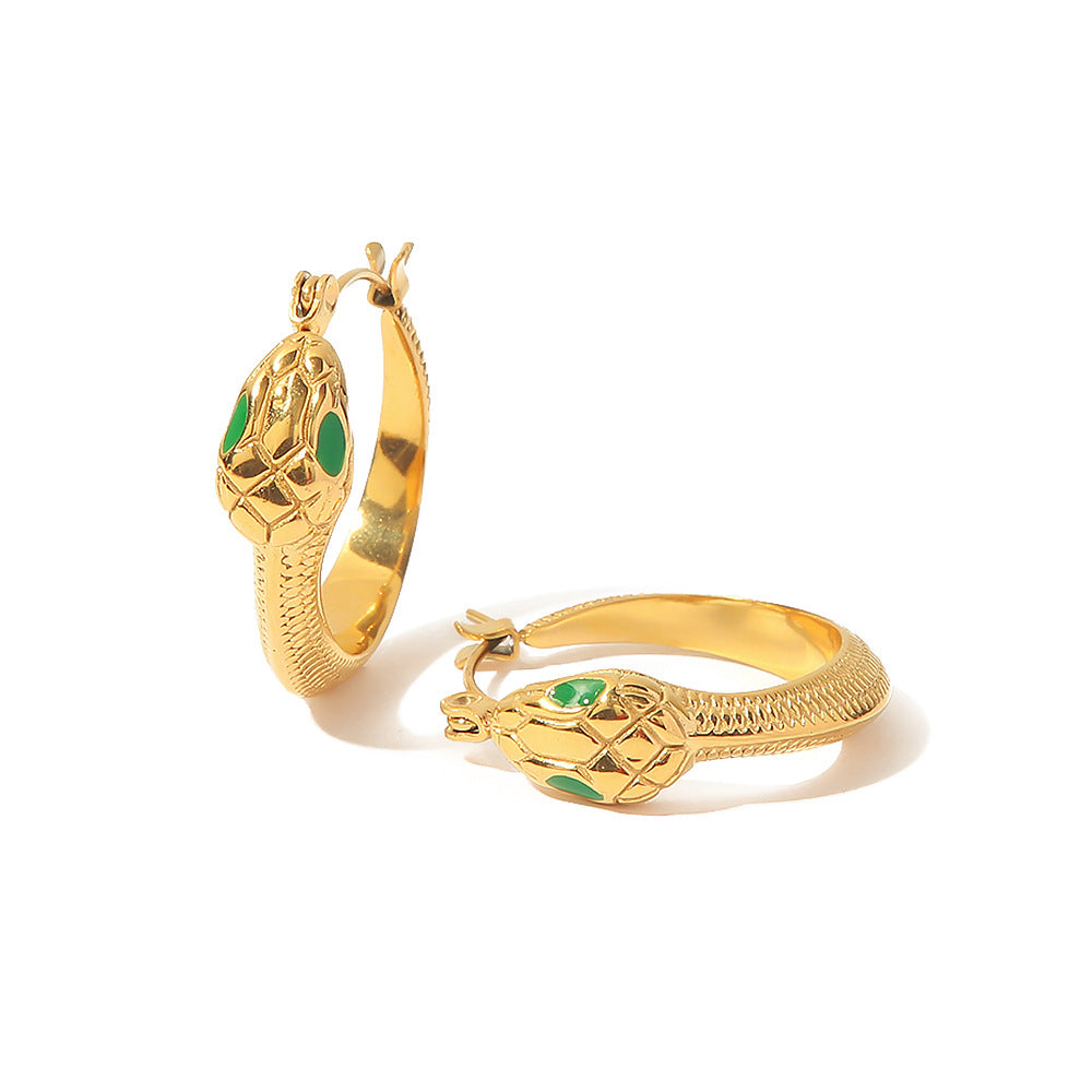 Geometric Snake-Shaped Stainless Steel Earrings for Women with Green Crystal Eyes, Hypoallergenic and Fade-Resistant