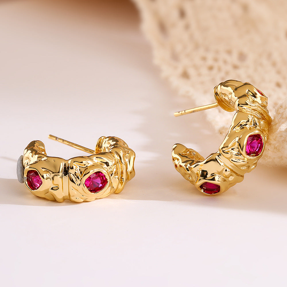 Orecchini geometrici minimalisti in rame con placcatura in oro vero e zirconi micro-incastonati per donna