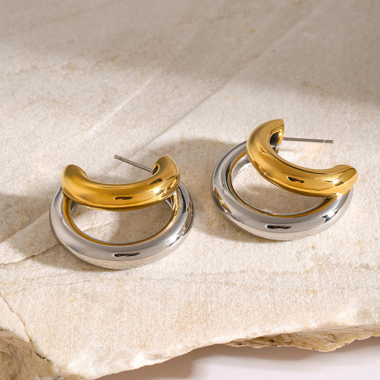 Unique Ins Style 18K Gold Plated Stainless Steel Double C Shape Earrings for Women