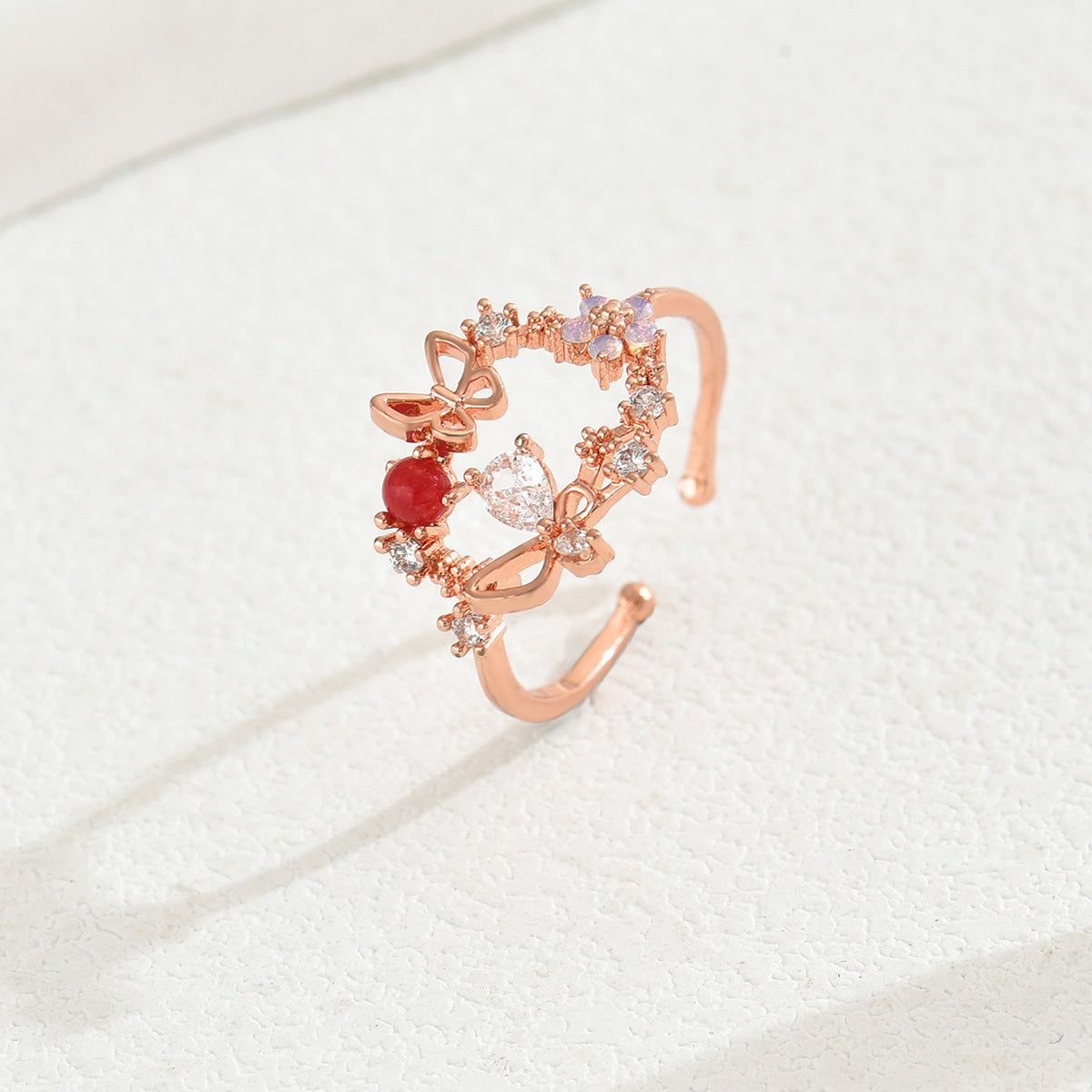 Anillo abierto para mujer minimalista, fresco y dulce con forma de lazo e incrustaciones de circonita en cobre
