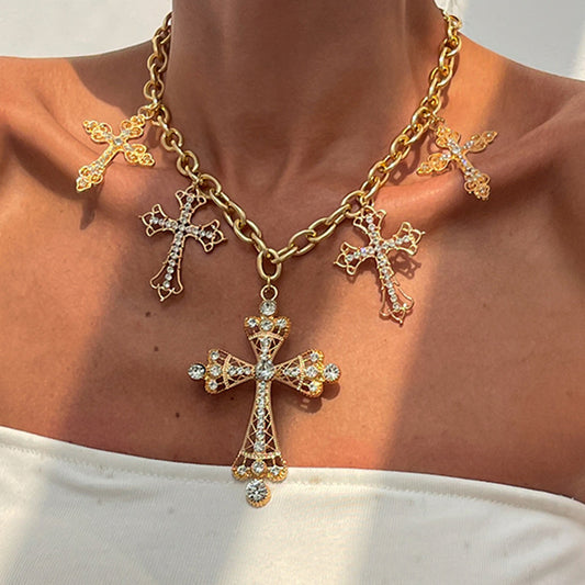Hip-hop Rhinestone Inlaid Cross Pendant Zinc Alloy Necklace for Women