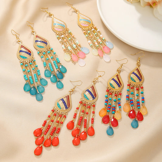 Bohemian Ethnic Teardrop Geometric Seed Bead Tassel Alloy Plated Earrings for Unisex