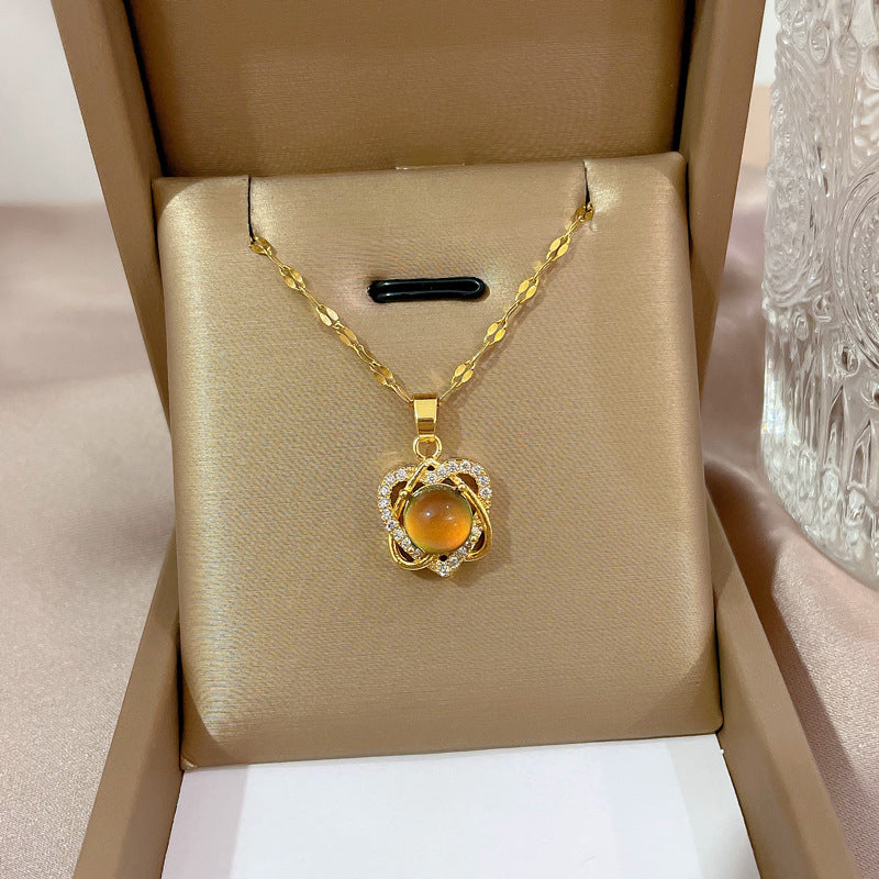 Minimalist Geometric Titanium Steel Necklace with Gold Plated Brass Pendant and Rhinestone Inlay