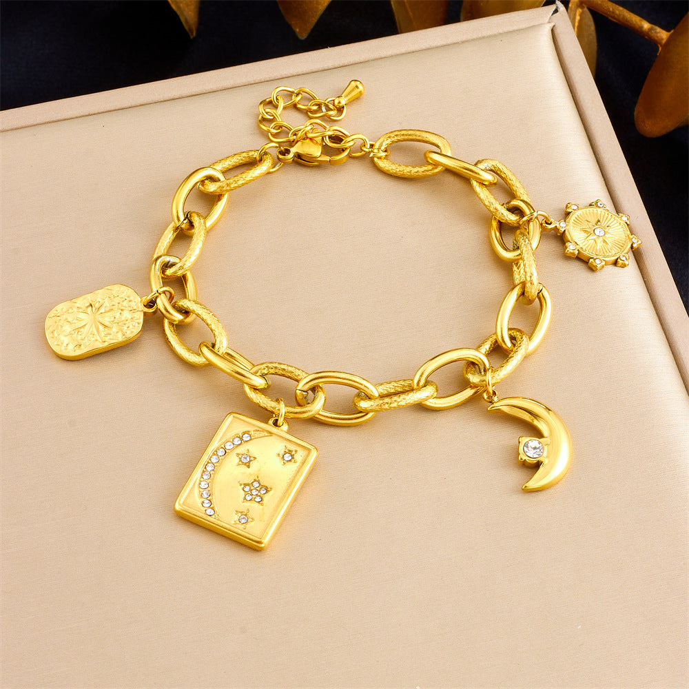 Fashion Geometric Square Pendant Bracelet with Gold Plated Stainless Steel Chain, Star and Moon Motifs, Rhinestone Inlay