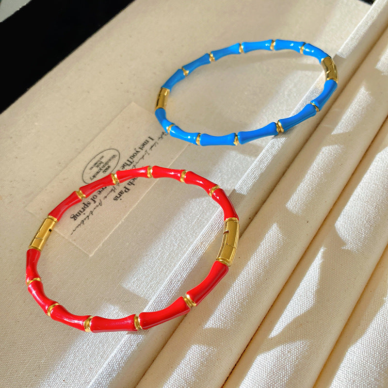 Vintage Red Enamel Geometric Bamboo Titanium Steel Bangle Bracelet for Women
