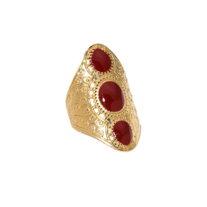Vintage Geometric Titanium Steel Ring for Women with 18K Gold Plating and Adjustable Band