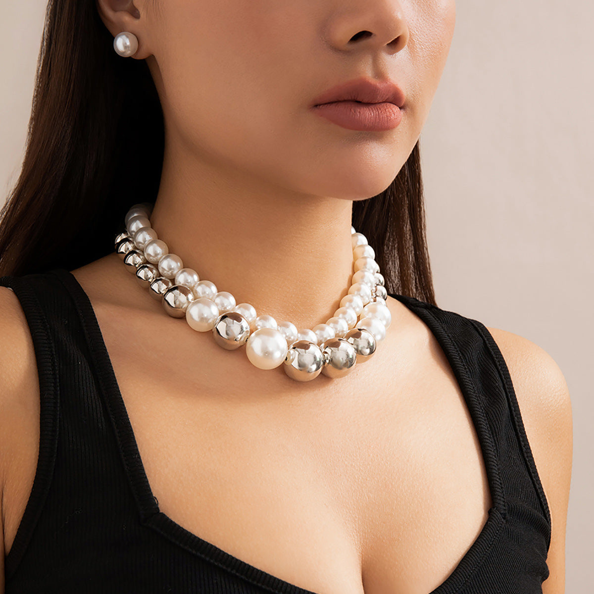 Punk Geometric Faux Pearl Plated Ball Chain Choker Necklace for Women