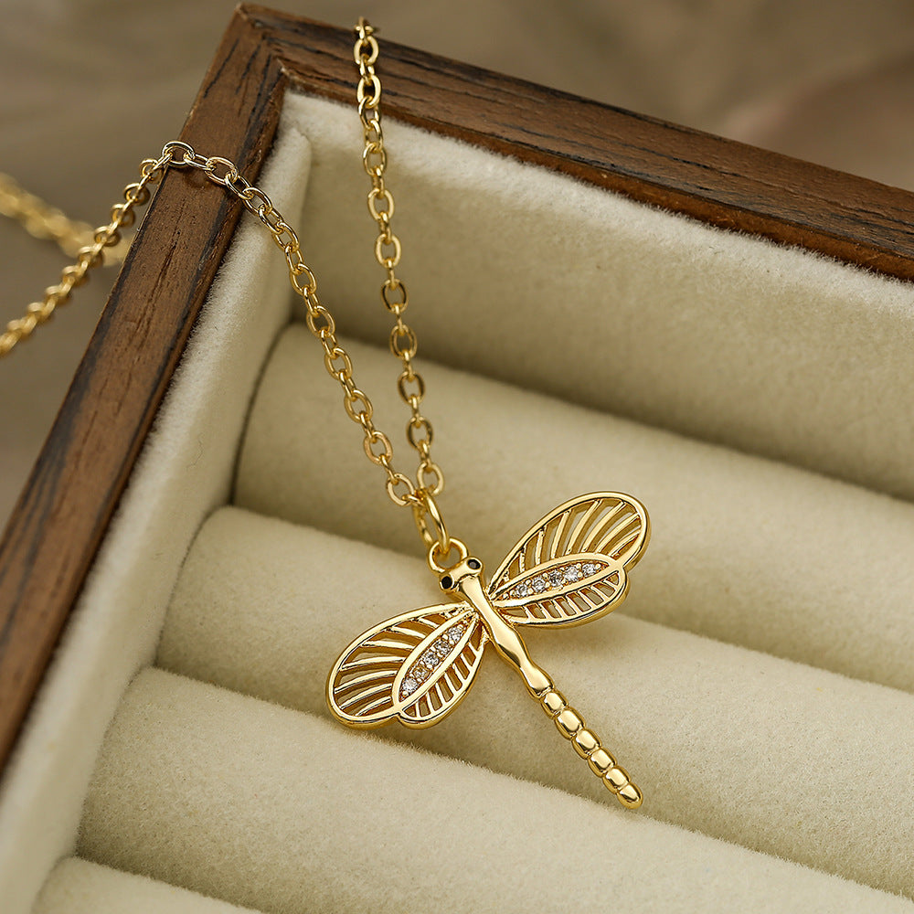 Minimalist Dragonfly Pendant Necklace for Women in Copper with 18K Gold Plating and Zircon Inlay