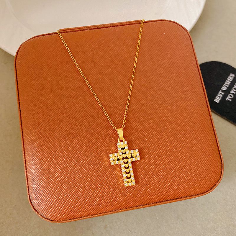 Sporty Sweet 18K Gold Plated Cross Titanium Steel Necklace with Cubic Zirconia for Women