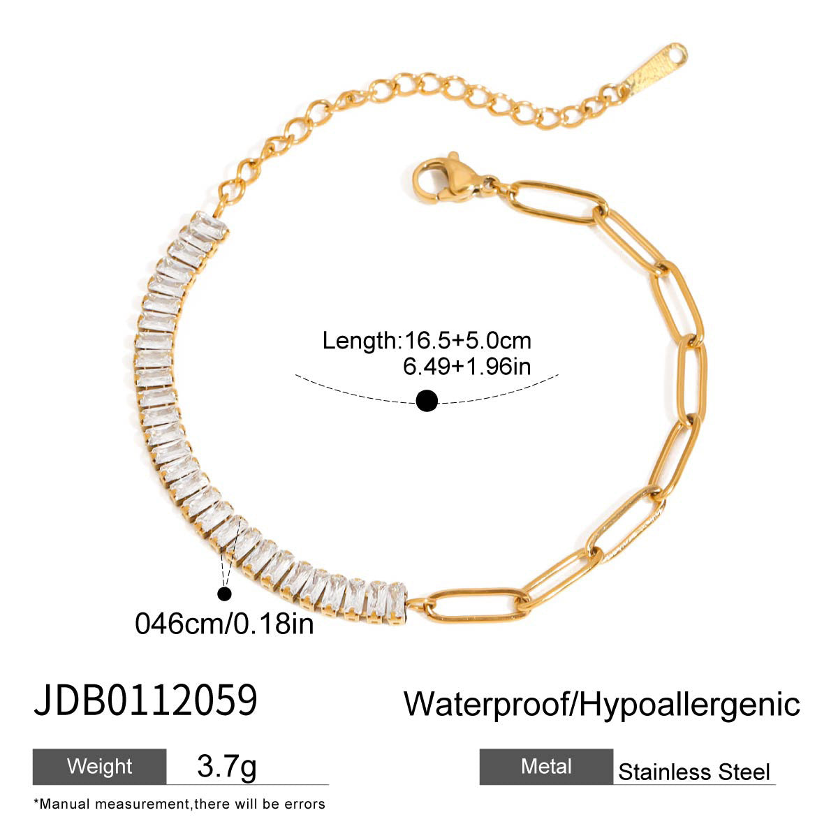 Elegant 18K Gold Plated Geometric Stainless Steel Cubic Zirconia Bracelet for Women