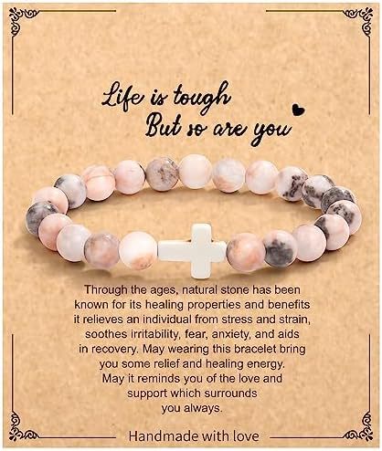 Minimalist Zebra Print Cross Natural Stone Beaded Bracelet Unisex