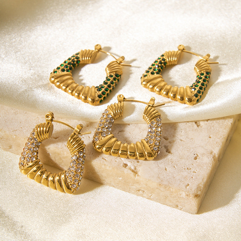 Vintage-Style Geometric Trapezoid Stainless Steel Earrings with 18K Gold Plating and Zircon Inlay
