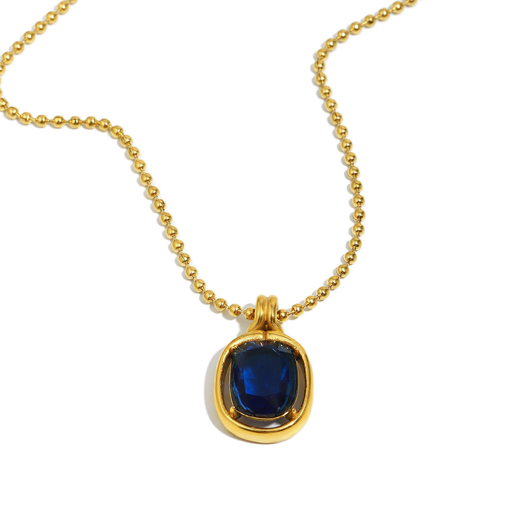 Collana con Ciondolo Geometrico Minimalista da Donna in Acciaio Inossidabile con Placcatura in Oro 18K e Zircone Blu Lucido a Specchio