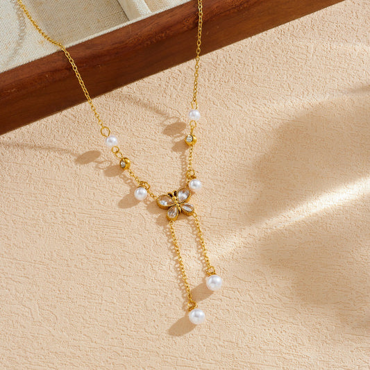 Elegant Butterfly Rhinestone and Imitation Pearl Tassel Pendant Necklace Stainless Steel for Women