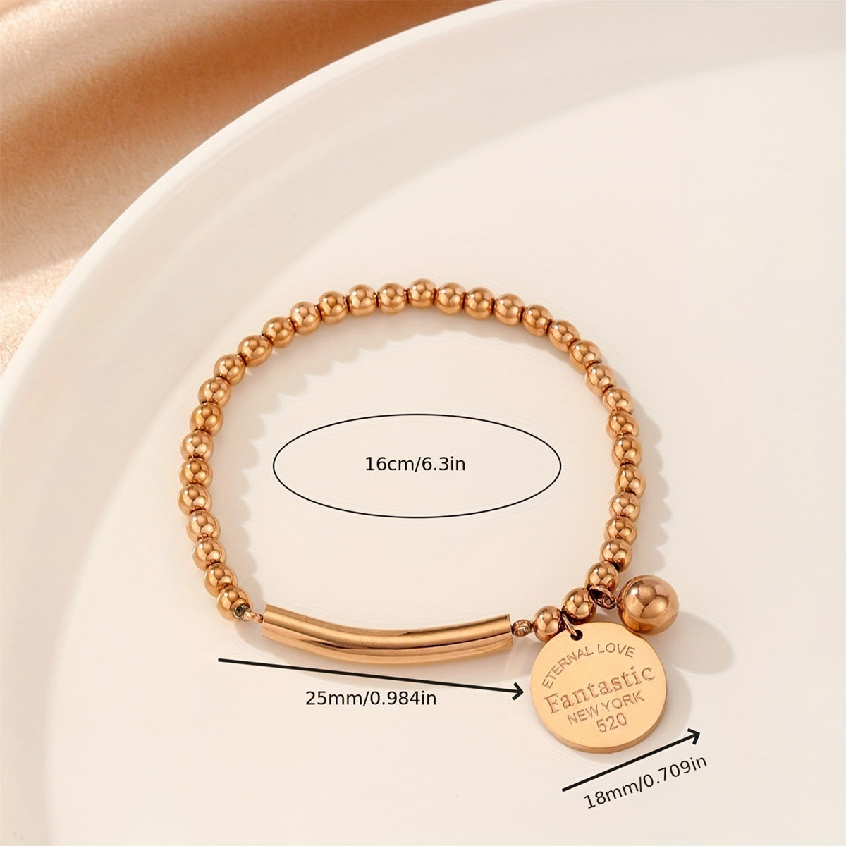 Bracciale da donna in acciaio inossidabile con disco tondo minimalista, perline elastiche e finitura lucida