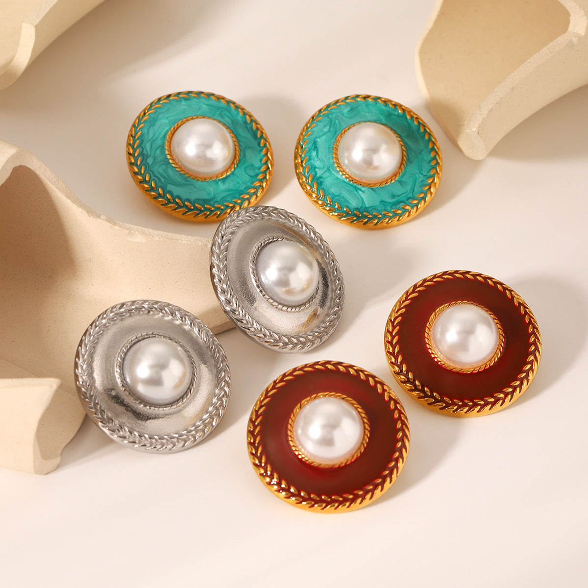 Vintage French Palace Style Geometric Stainless Steel Enamel Earrings with Pearl Inlay for Women