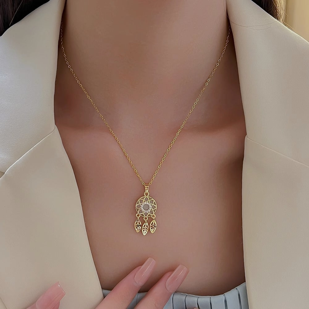 Original Design Irregular Feather Dreamcatcher Pendant Necklace for Women in Titanium Steel with Gold Plating