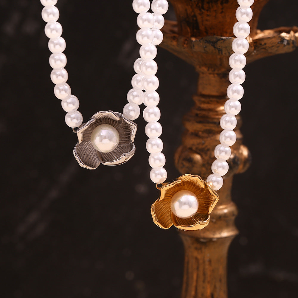 Vintage Floral Style Stainless Steel Pendant Necklace with 18K Gold Plating and Simulated Pearl Accents for Women