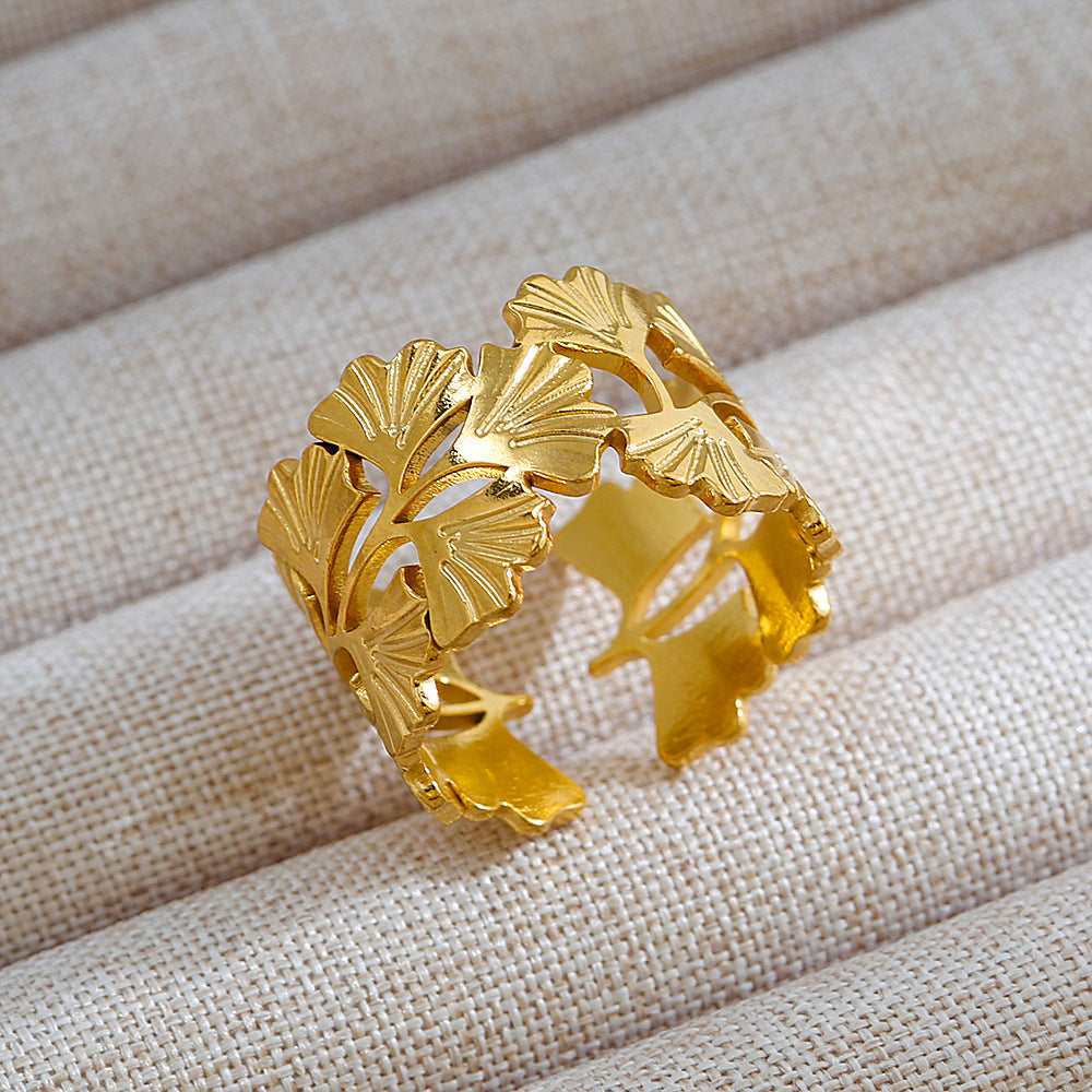 Anillo de acero de titanio con forma de U, estilo punk, chapado en oro de 18 quilates y detalles de microincrustaciones de piedra de lava ovalada