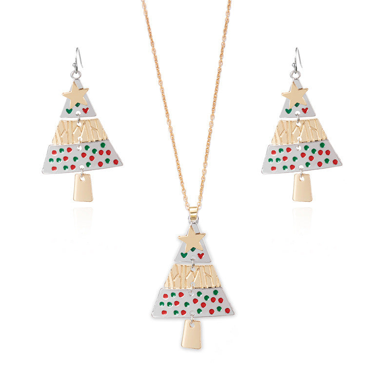 Fashion Christmas Tree Pendant Necklace and Earrings Set for Women with Enamel Finish and Rhinestone Inlay on O-Chain
