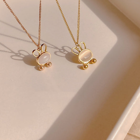 Original Design Rabbit Pendant Necklace in Titanium Steel with Cat's Eye Stone Inlay on O-Chain for Women and Men