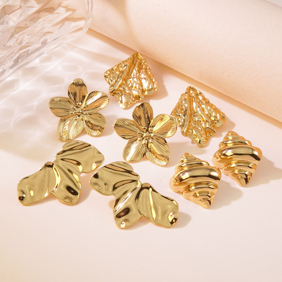 Vintage Geometric Floral Hammered Plated Stainless Steel Earrings