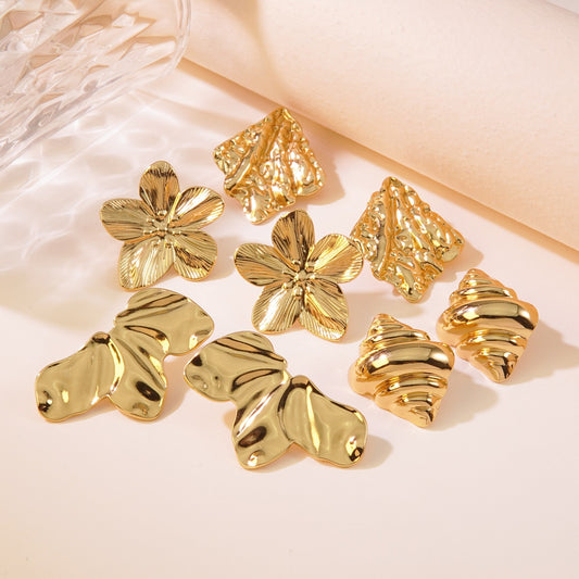 Vintage Geometric Floral Hammered Plated Stainless Steel Earrings