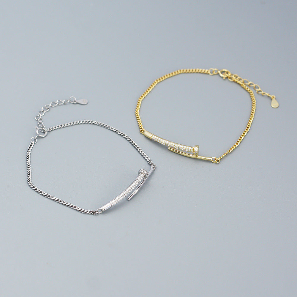 Pulsera geométrica de plata de ley 925 con incrustaciones de diamantes y remaches para mujer