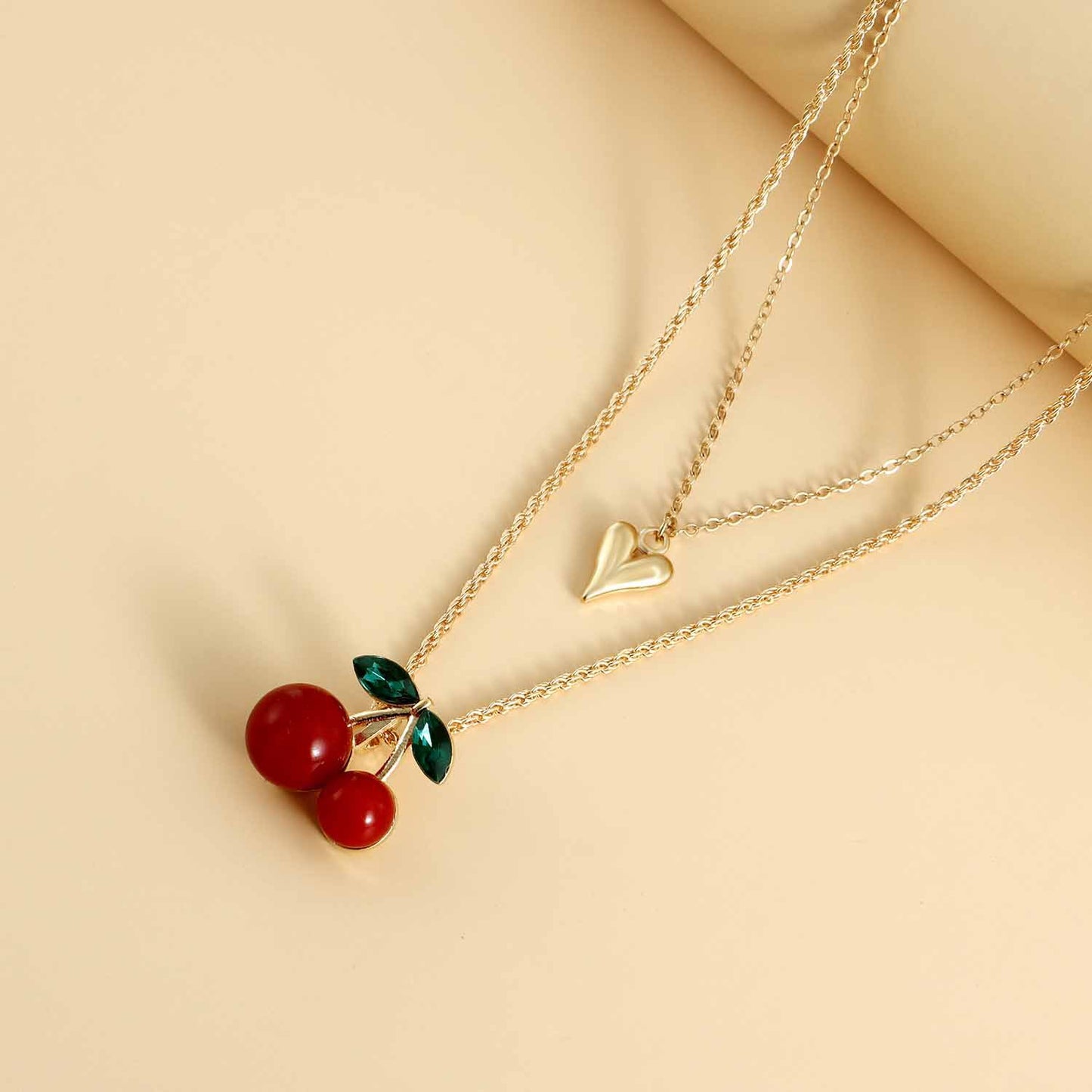 Exaggerated Red Cherry Multi-Layer Heart-Shaped Alloy Pendant Necklace for Women with Plated Finish