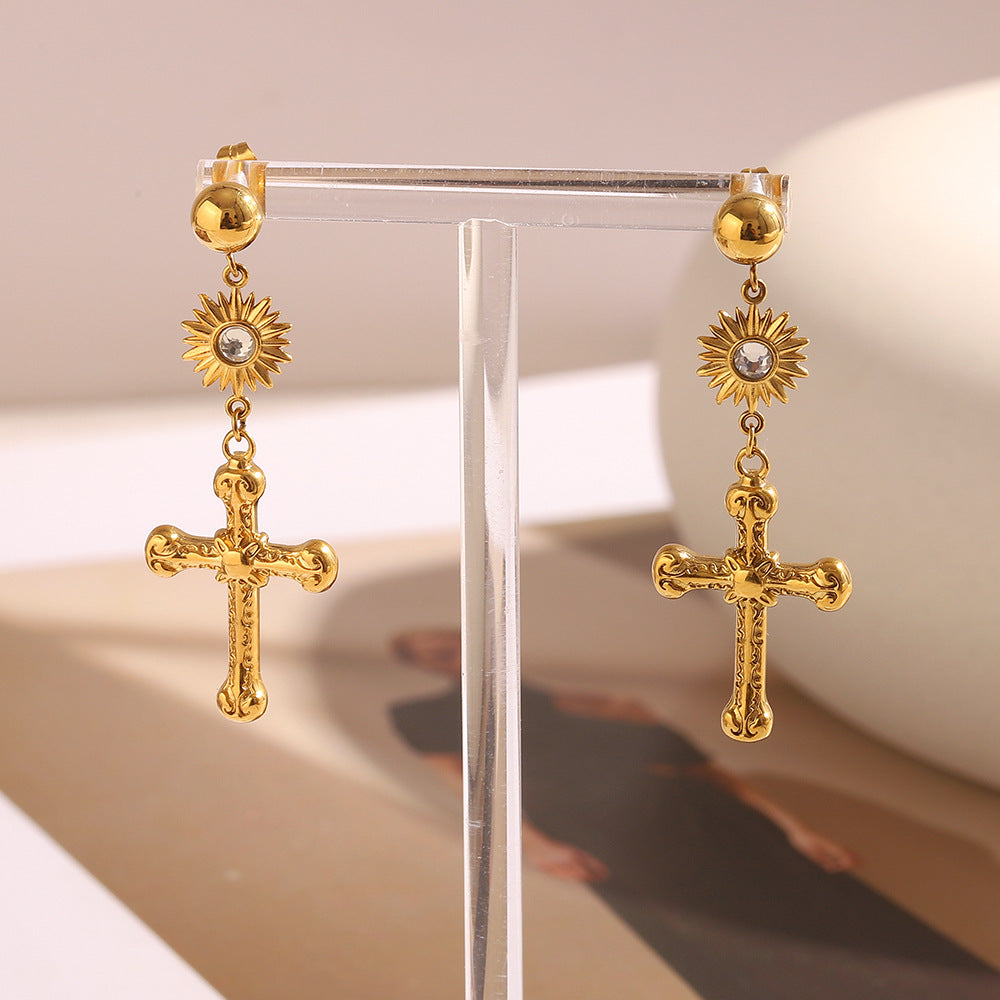 Orecchini a perno a croce alla moda da donna in acciaio inossidabile con placcatura in oro 18 carati dal design geometrico