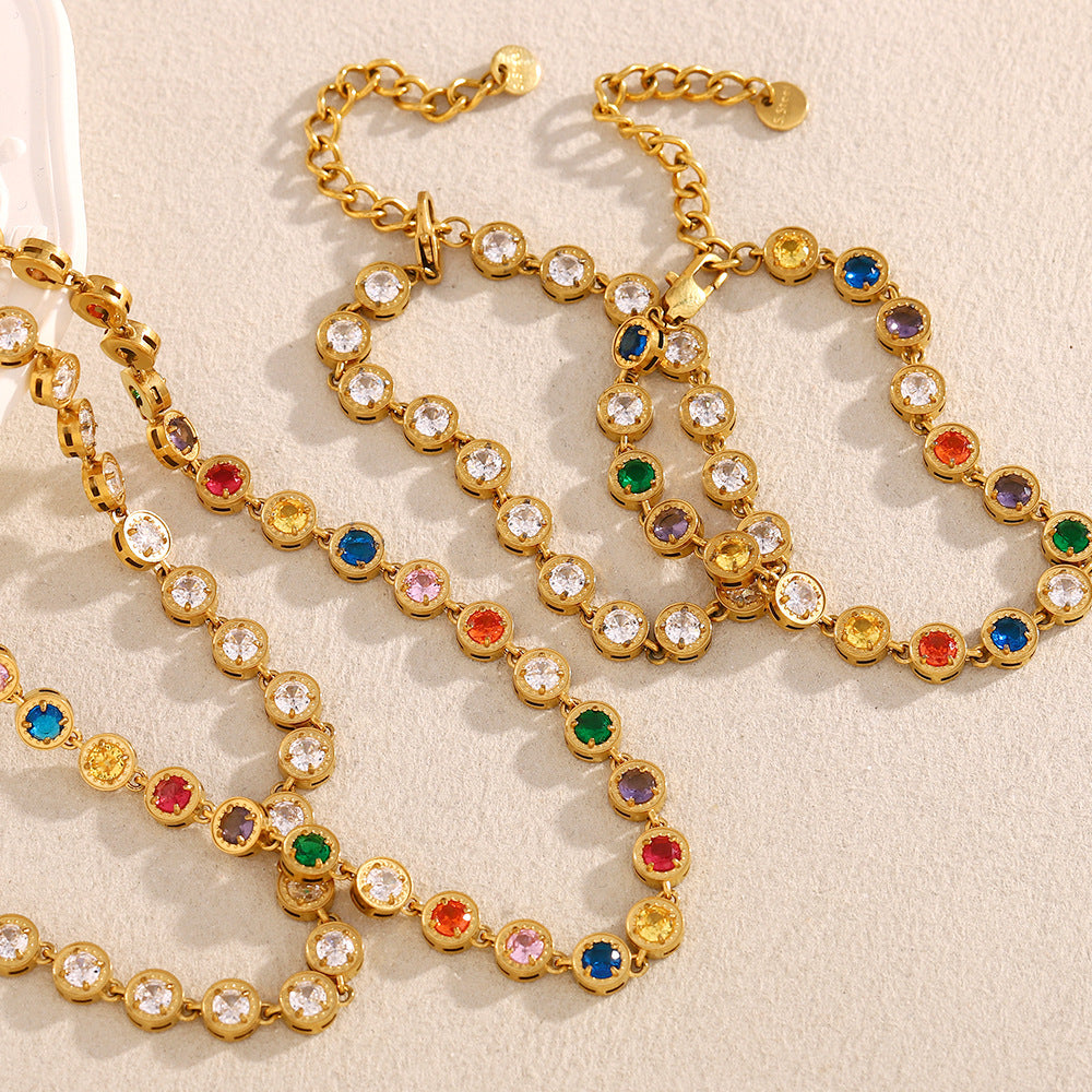 Minimalist Geometric Pendant Necklace and Bracelet Set in Stainless Steel with 18K Gold Plating and White Zircon Accents for Women