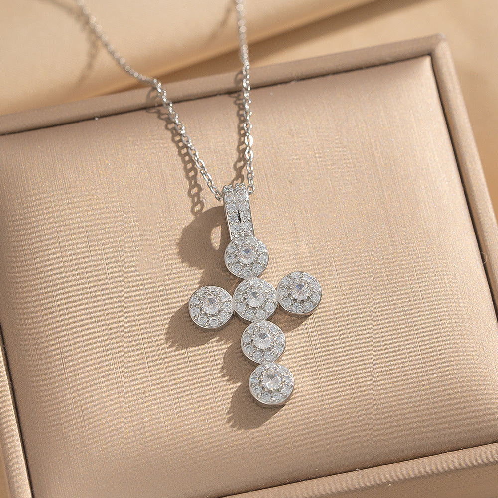 Minimalist Cross Pendant Necklace for Women in Titanium Steel with Micro-Paved Green Zirconia, Hypoallergenic Gold-Plated Finish