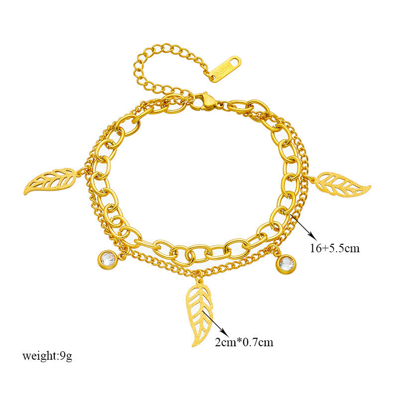 Minimalist Fashion Titanium Steel Double-Layer Leaf Pendant Necklace with Rhinestone Inlay for Women and Men