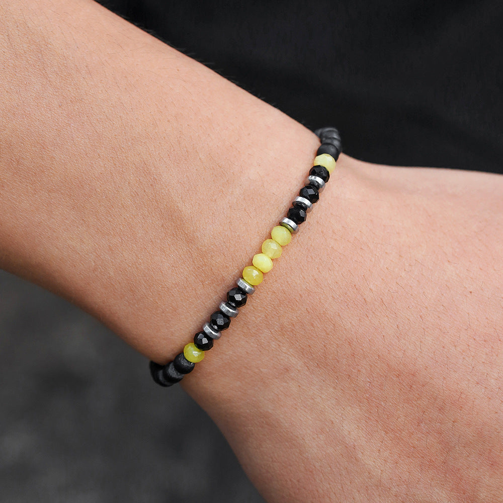 Hip-hop Minimalist Geometric Round Hematite and Black Magic Sand Stone Handmade Beaded Bracelet for Men and Women