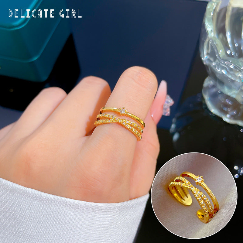 Luxury Minimalist Plated Brass Crown Rhinestone Adjustable Ring for Women