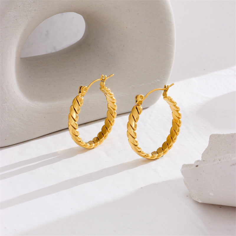 Minimalist Geometric Titanium Steel Gold-Plated Hoop Earrings for Women with Thick Twisted Rope Design