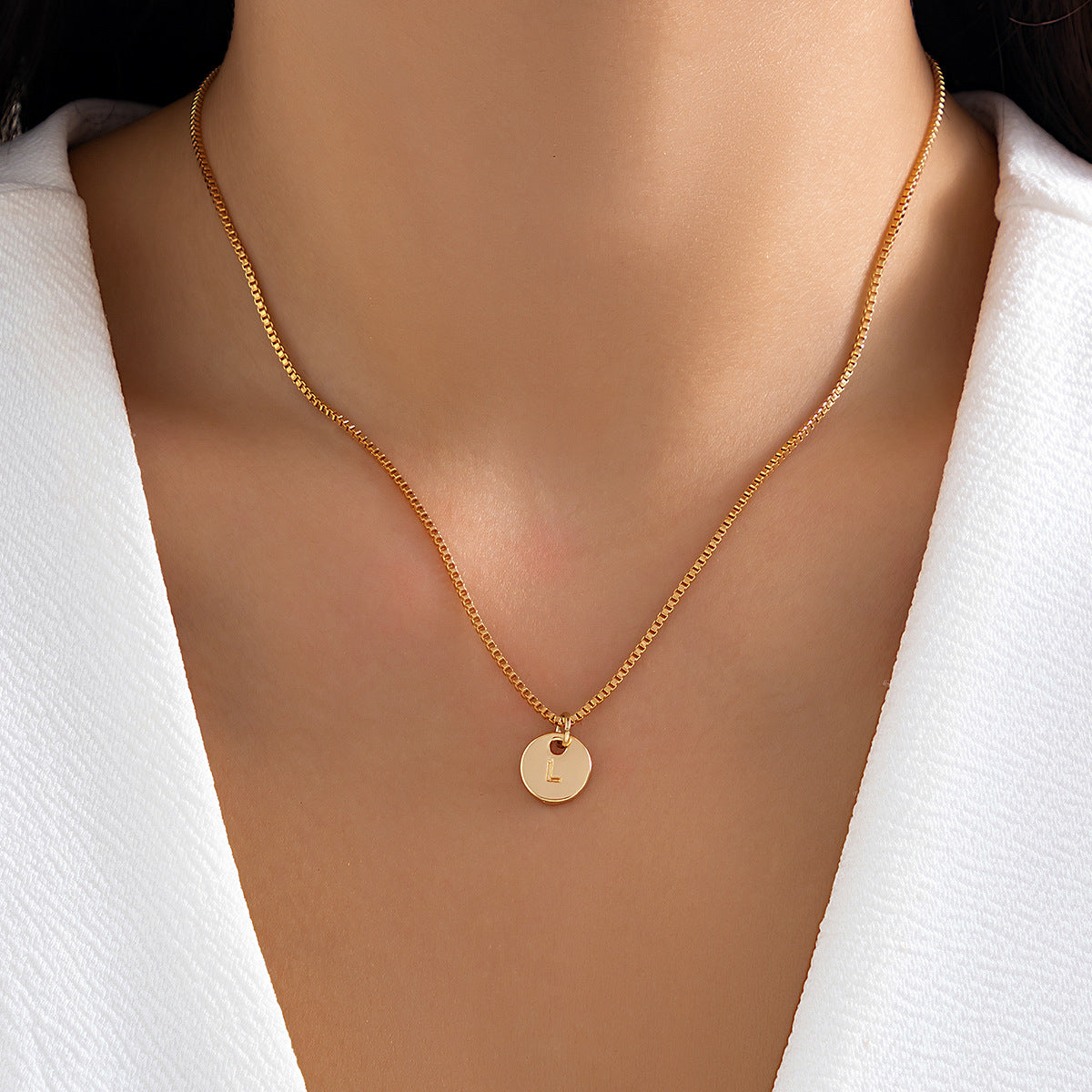 Minimalist Round Letter Pendant Zinc Alloy Plated Necklace Box Chain Women