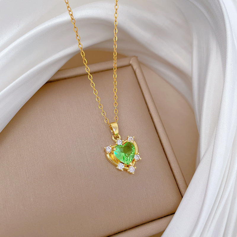 Collana Minimalista a Cuore in Acciaio al Titanio con Intarsio di Zircone Verde per Donne, Catena Delicata per Clavicole