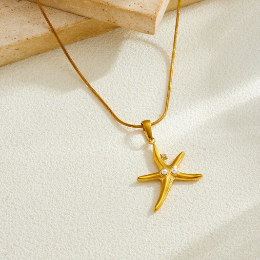 Vintage Sweet Gold Plated Stainless Steel Starfish Pendant Necklace Set with Rhinestone and Pearl